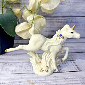 Vintage Porcelain Rearing Unicorn Figurine Gold Horn Hooves Ribbon Rhinestone